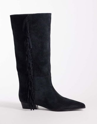 Asos Cressida - Stivali al ginocchio bassi antracite scuro con frange-Grigio