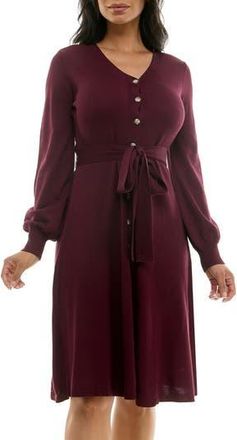Nina Leonard Waist Tie Ribbed Long Sleeve Sweater Dress in Deep Wine at Nordstrom Rack, Size Large