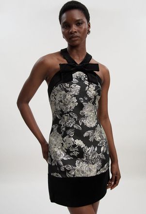 Karen Millen Womens Velvet And Jacquard Contrast Halterneck Tailored Mini Dress - Monochrome Multi - Size 10 UK