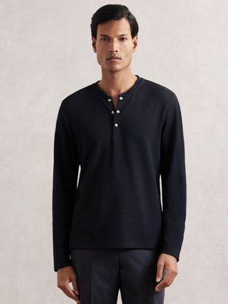 Reiss Navy Textured Grandad-collar Henley Shirt, Xxl