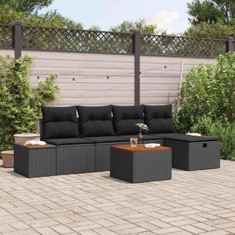 vidaXL Conjunto De Sof&aacute; De Jard&iacute;n Con Coj&iacute;n 6 Pcs Negro Polirat&aacute;n