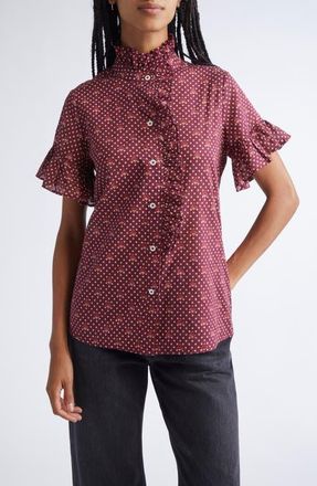 Mille Vanessa Ruffle Detail Cotton Blouse in Burgundy Foulard at Nordstrom, Size Xx-Small