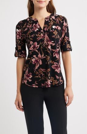 Anne Klein Print Roll Tab Shirt in Anne Blk S Primrose Mlt at Nordstrom, Size Xx-Small