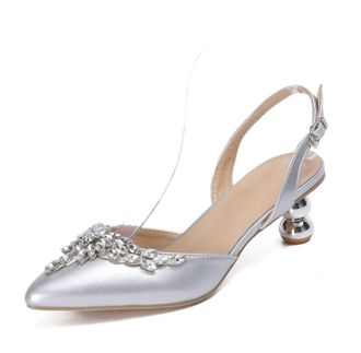 Minitoo Womens Slingback Wedding Shoes Low Heel Formal Evening Prom Pumps H011 Silver Applique UK 5