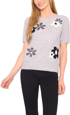CeCe by Cynthia Steffe Groovy Flower Short Sleeve Sweater in Light Heather Grey at Nordstrom, Size X-Large