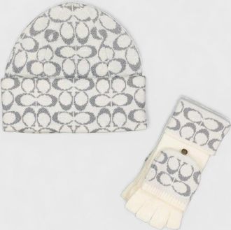 Coach Womens Coach Metallic Signature Beanie and Gloves Gift Set Chalk