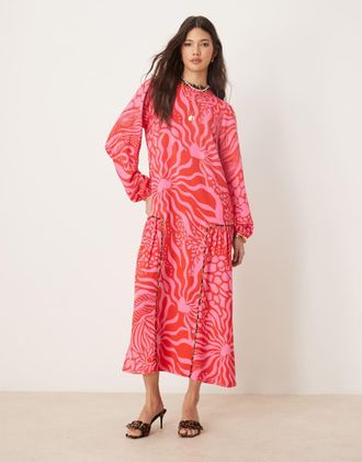 Never Fully Dressed oversized drop hem midaxi dress in red and pink