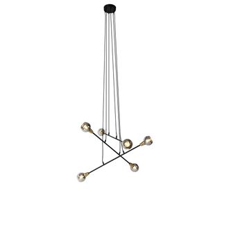 QAZQA Moderno L&aacute;mpara Colgante Negra Con Lat&oacute;n Y Cristal Ahumado 6-luces - Vidro Acero /vidrio Redonda Adecuado Para Led Max. 6 X 40 Watt - Qazqa