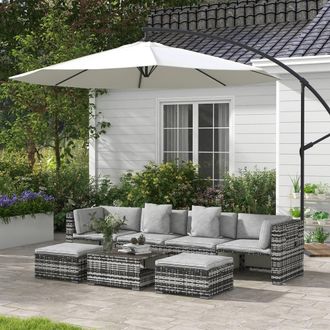 OUTSUNNY 7 Pieces Rattan Garden Furniture Set with Sofa, Shelf, Table, Cushion, Grey