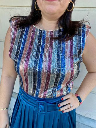 Fate Striped Sequin Shoulder Pad Top In Grey Blush