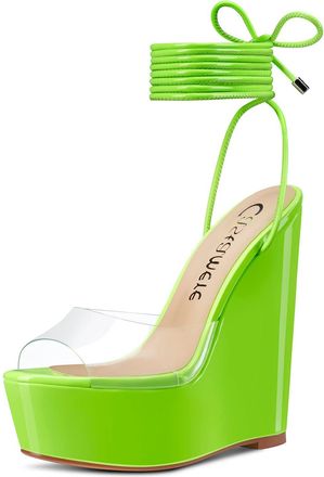 Castamere Womens High Wedge Platform Heel Peep Open Toe Ankle Strap Sandals Lace Wedding Clear Dress Shoes 15 CM Heels Green Transparent 7 UK