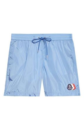Moncler Logo Patch Swim Trunks in Blue Jasper at Nordstrom, Size Xx-Large