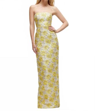 Dessy Strapless Floral Jacquard Column Dress With Back Slit In Golden Yellow