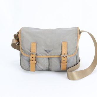 Prada Beige Gray Nylon Leather Shoulder Bag (Pre-Owned)