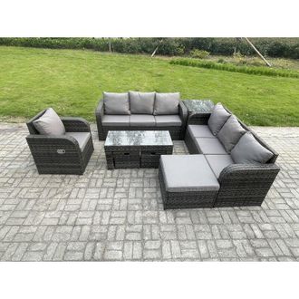 Fimous 10 Seater Outdoor Lounge Sofa Set Rattan Garden Furniture Set with Rectangular Coffee Table 3 Footstools 3 Seater Sofa Side Table Dark Grey Mixed