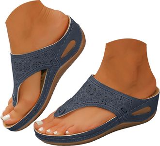 Generic Womens Platform Flip Flops Summer Sandals with Cut Out Design Casual Thick Sole Slippers Comfortable Arch Support Outdoor Beach Walking Shoes (Navy, 6