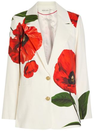 Alice & Olivia Elna Floral-print Linen-blend Blazer - White And Red - 12 (UK16 / XL)