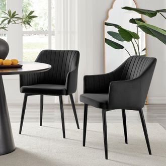 Furniturebox Set of 2 Calla Deep Padded Dining Chairs Upholstered in Soft Velvet With Black Metal Legs
