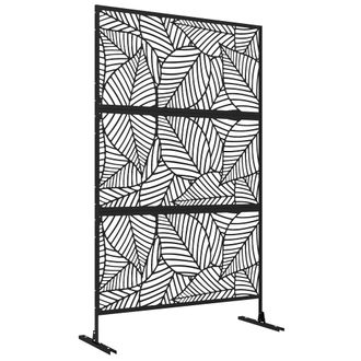 OUTSUNNY Biombo De 3 Paneles, 122x198 Cm, Biombo Separador De Ambientes Con Soporte Y Tornillos De Expansi&oacute;n, Dise&ntilde;o De Hojas Grandes, Exterior, Negro