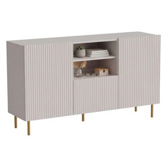 Dmora Aparador Stornara, Aparador De Sal&oacute;n Con Dos Puertas Batientes, Un Caj&oacute;n Y Dos Compartimentos Abiertos, Dise&ntilde;o Efecto Estriado, 150 X 42 H 82 Cm, Beig