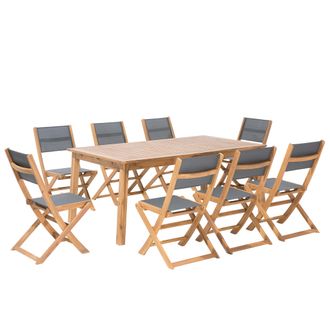 Beliani Conjunto De Comedor 8 Plazas De Madera De Acacia Clara Gris Tela Pvc Mesa Extensible Sillas Plegables Cesana