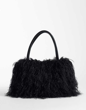I.AM.GIA Pixi - Borsa da spalla oversize in pelliccia sintetica nera ultra morbida arricciata-Nero