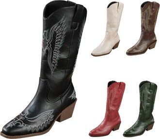 Generic Womens Western Mid-Calf Cowboy Boots with Floral Embroidered, Ladies Pointed Toe Chunky Heel Slip on Retro Tall Boots Classic Pull On Design Western F