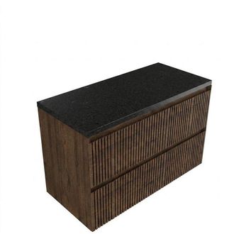 Saniclass Holz Atelier Badkamermeubelset - 100x45x63cm - Noche basalten wastafelblad gepolijst (zwart) - zonder kraangat - 2 lades - mat eiken charcoal (hout)