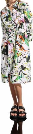 Joseph Ribkoff Crinkled Woven Tropical Print Dress In Black Multi