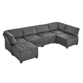 STILVORA Sof&aacute; Modular 6 Plazas En Terciopelo Acanalado Con Brazo, Respaldo Ergon&oacute;mico Y Bolsillos Laterales, Gris