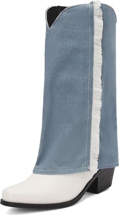 Generic Womens Denim Fringe Cowboy Boots White Black PU Toe Comfortable Low Block Heels Non-Slip Wear-Resistant Sole for Daily Casual Outdoor Western Style,Li