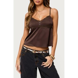 Edikted Blanca Lace Trim Satin Camisole in Brown at Nordstrom, Size X-Small
