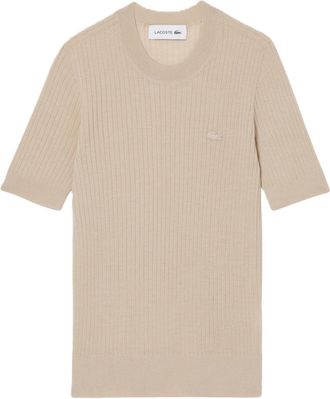 Lacoste Beige Short Sleeve Ribbed Knit Top