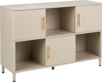 Beliani Aparador De Acero 3 Puertas Con Estantes Abiertos Esquinas Redondeadas Tiradores Dorados Beige Ombura