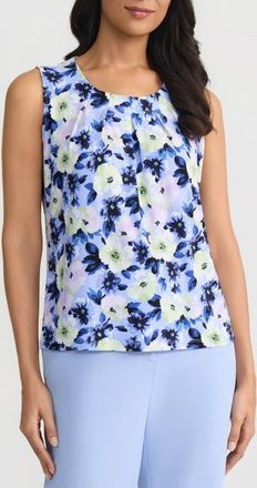 Kasper Floral Print Pleated Neck Sleeveless Top in Paris Bleu Mult at Nordstrom, Size X-Small