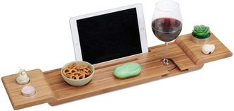 Relaxdays Vassoio Vasca da Bagno, in bamb&ugrave;, Mensola Portaoggetti da Appendere, Ripiano in Vetro, l: 70 cm, Naturale, 1 pz - Relaxdays