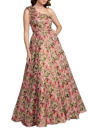 Mac Duggal One Shoulder Velvet Floral Ball Gown in Pink Multi at Nordstrom, Size 16