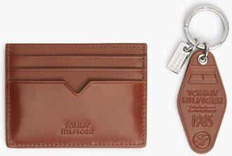 Tommy Hilfiger Mens Leather Card Holder & Keychain Gift Set - Winter Cognac