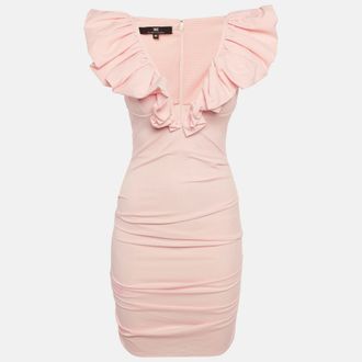 Elisabetta Franchi Pink Checkered Crepe Ruched Mini Dress