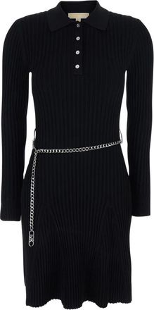 Michael Kors Geribbelde Viscose Polo Jurk met Riem - Dames - Kleedjes - Zwart - S - Leer - Kleedjes
