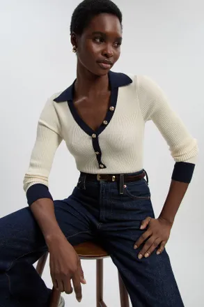 Karen Millen Womens Knit Rib With Contrast Hem Detail Collared Top - White Polyamide - Size X-Small