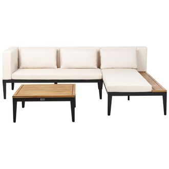 Beliani Conjunto De Jard&iacute;n 3 Plazas De Madera De Acacia Certificada Sof&aacute; Esquinero Con Mesa De Centro Cojines Beige Claro Izquierdo Bracciano