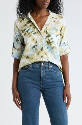 DKNY Abstract Print Roll Sleeve Button-Up Shirt in Sage/Sky Multi at Nordstrom Rack, Size X-Large