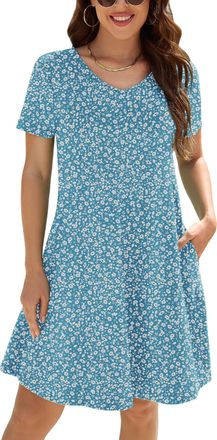 Generic Summer Dresses for Women UK V Neck Ladies Dress Casual Short Sleeve Dress with Pockets