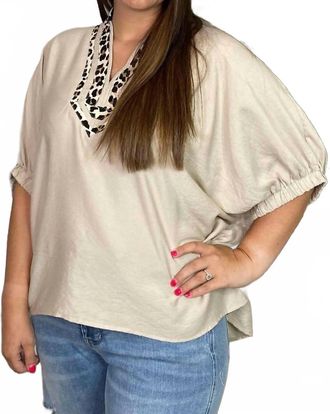 Entro Leopard Trim V Neck Blouse - Plus In Taupe