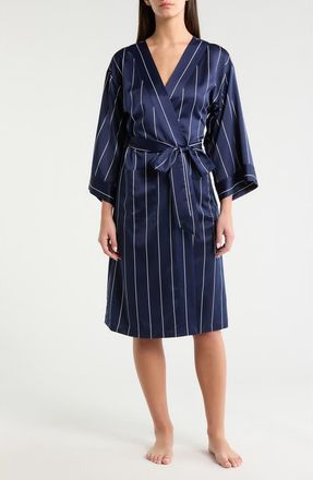 Nordstrom Satin Robe in Navy- White Calm Pinstripe at Nordstrom, Size X-Small