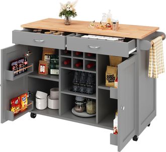 STILVORA Carro De Cocina Con Estantes Ajustables Y Botellero, Con Ruedas, Para Cocina, En Mdf Y Metal, 102x45x92 Cm, Gris