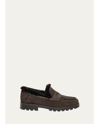 Santoni Shearling-Lined Suede Penny Loafers