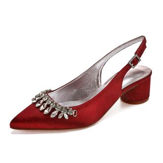 Generic Wedding Shoes Women Ankle Strap Pointed Toe Slingback Chunky Low Heels Dress Pumps Bridal Shoes 4.5Cm,Burgundy,2 UK