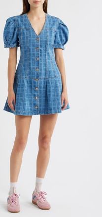 Damson Madder Adeline Grid Puff Sleeve Denim Minidress in Blue at Nordstrom, Size 10 Us